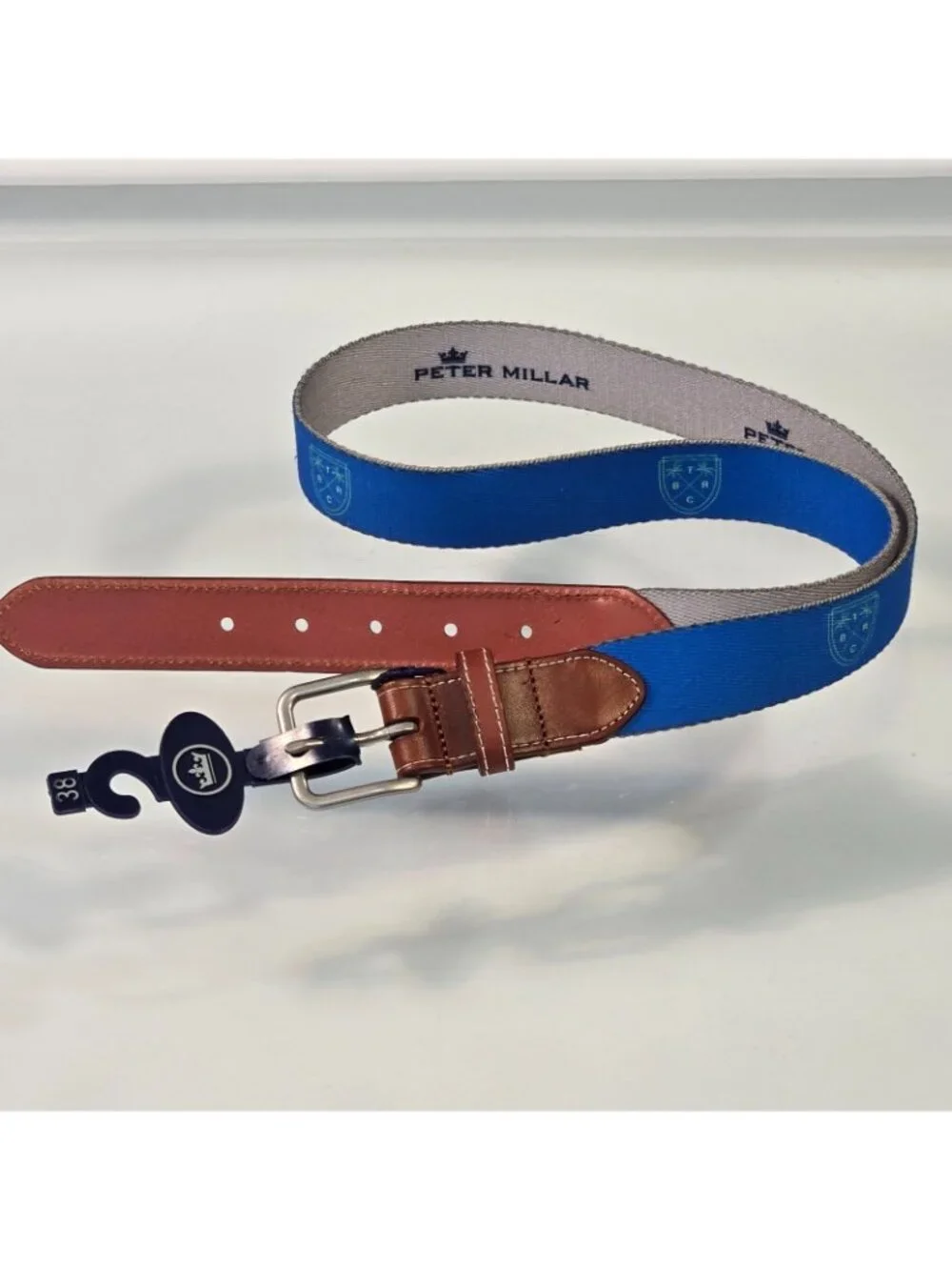Peter Millar Canvas Leather Belt Sz 38 Embroidered The Boca Raton Club Logo NOS